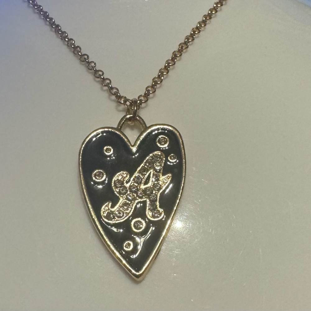 Gold Tone Initial “A” Black Heart Rhinestone Pendant Necklace - Picture 3 of 4
